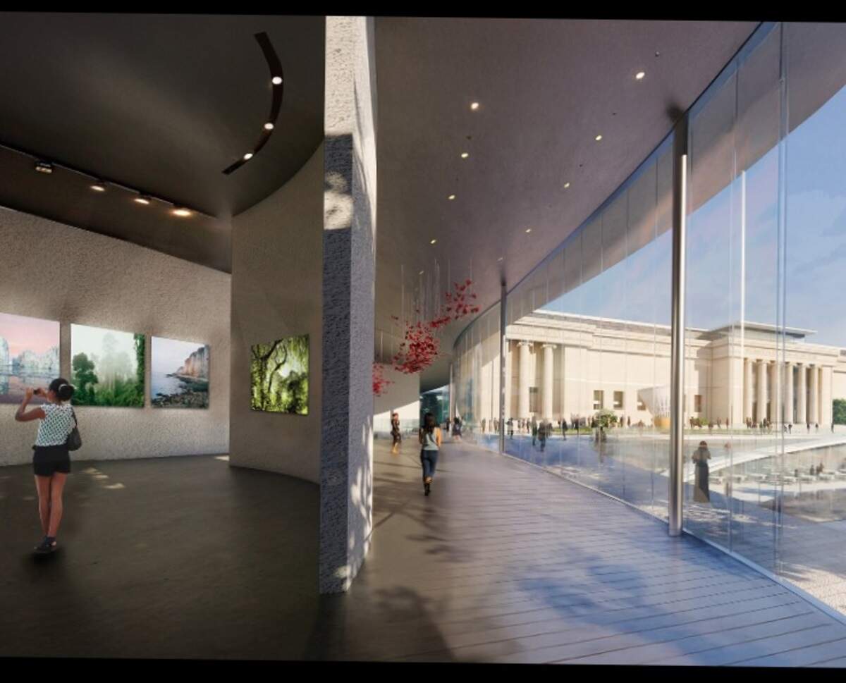 A rendering shows gallery space with glass walls looking out to the south face and lawn of the Nelson-Atkins Museum