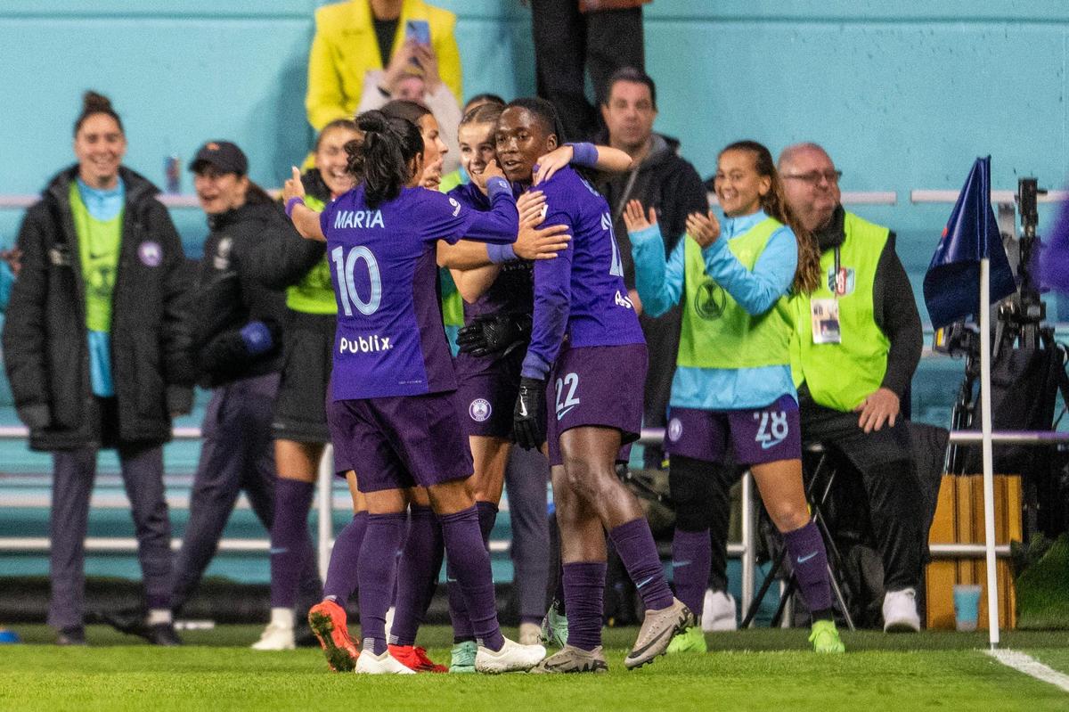Orlando Pride forward Barbra Banda (22) celebrates a goal in the first half with teammates during the NWSL Championship Game against the Washington Spirit on Saturday, Nov. 23, 2024, at CPKC Stadium in Kansas City.