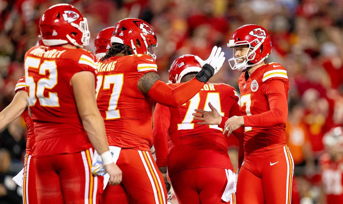 Kansas City Chiefs place kicker Harrison Butker (7) celebrates with offensive tackle Lucas Niang (77) after making a field goal during an NFL football game against the Denver Broncos at GEHA Field at Arrowhead Stadium on Thursday, Oct. 12, 2023, in Kansas City.