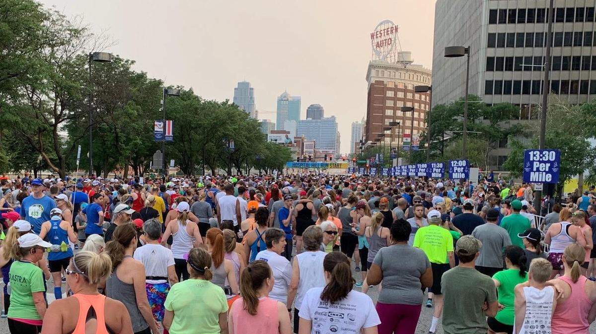 Entrants await the start of Saturday morning’s Hospital Hill run in Kansas City.
