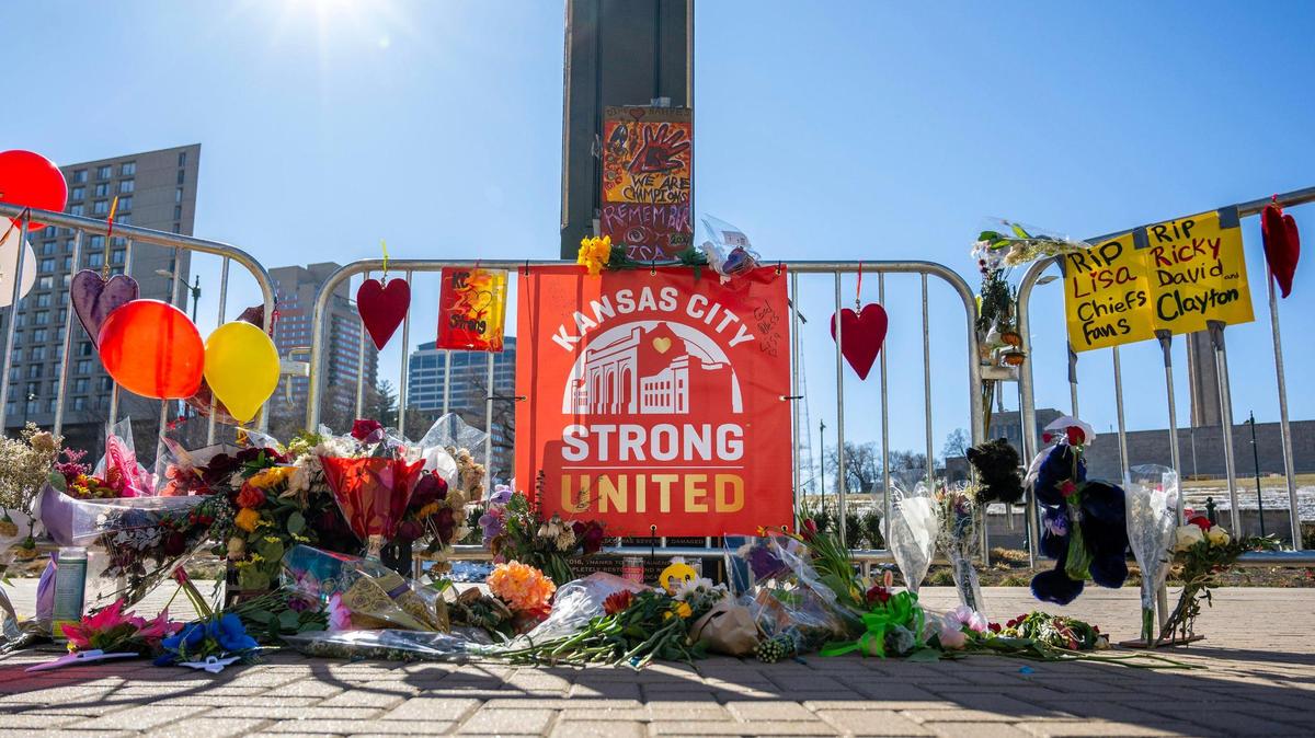 A makeshift memorial for Lisa Lopez-Galvan is seen alongside a ‘Kansas City Strong’ banner at Union Station on Sunday, Feb. 18, 2024, in Kansas City. Lopez-Galvan was killed Wednesday at Union Station in a hail of gunfire following the Kansas City Chiefs Super Bowl LVIII victory parade.