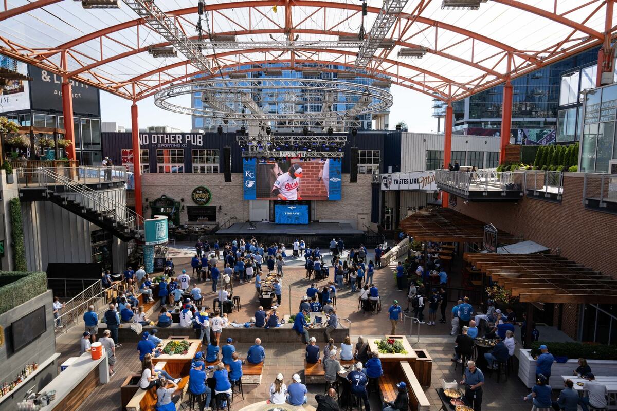 Fans watch the Royals opening playoff game vs. the Baltimore Orioles at the Power & Light District on Tuesday, Oct. 1, 2024. The Royals won the game 1-0.