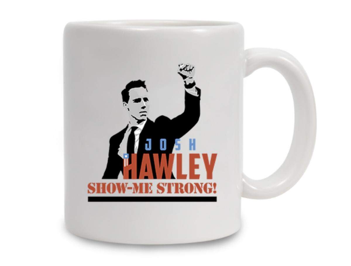 A screenshot of the mug Josh Hawley’s campaign is selling for $20. It features a photo of him that was taken on January 6, 2021 before rioters violently stormed the U.S. Capitol.
