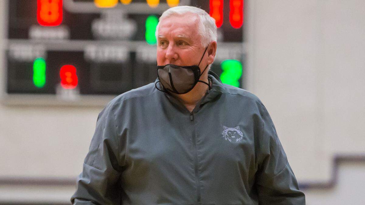 Blue Valley Northwest coach Ed Fritz watches the run of play between his squad and Bishop Miege at BV Northwest on Friday, Feb. 26, 2021.
