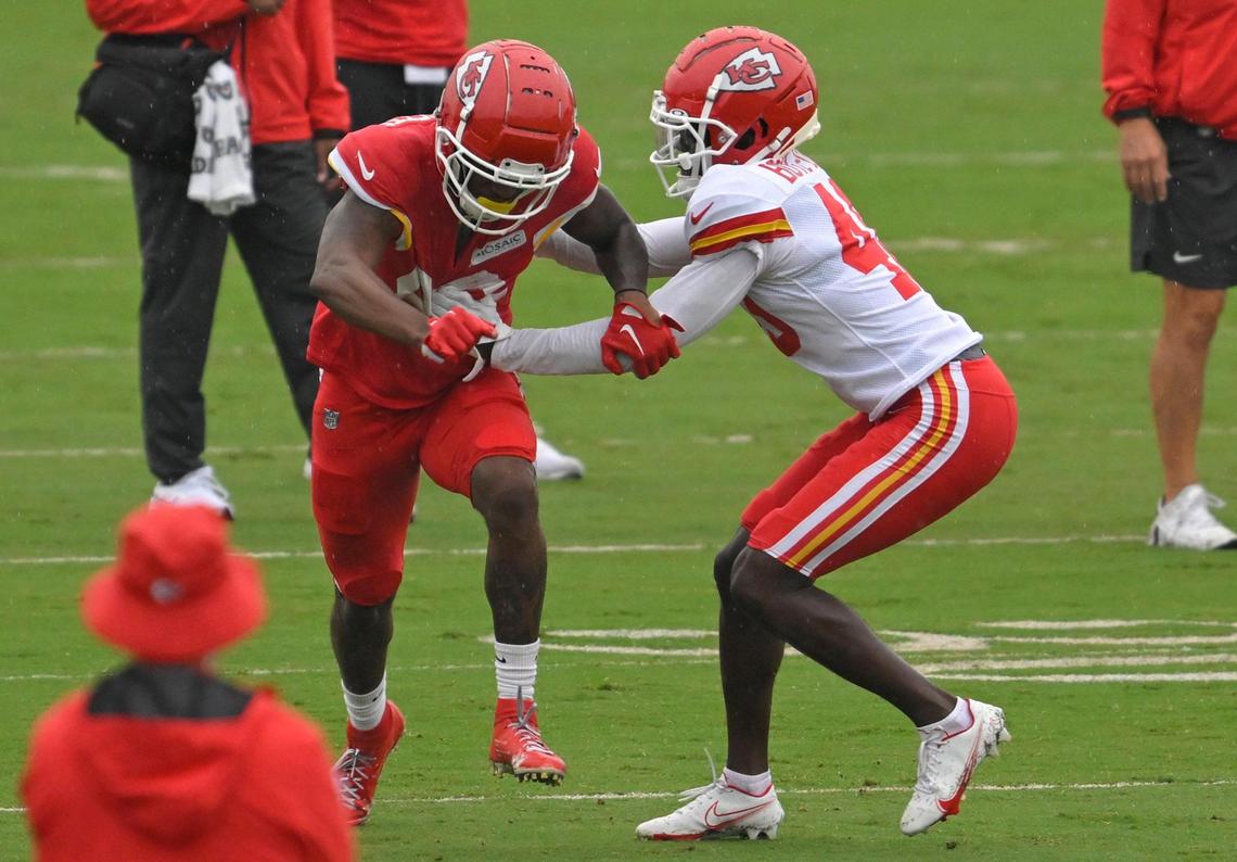Chiefs wide receiver Ihmir Smith-Marsette (82) goes up against cornerback Ekow Boye-Doe (40) during training camp at Missouri Western State University on Friday, Aug. 4, 2023, in St. Joseph, Missouri.