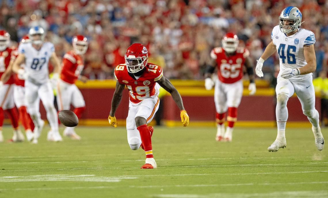 Kansas City Chiefs wide receiver Kadarius Toney (19) reacts after dropping a pass during an NFL football game against the Detroit Lions on Thursday, Sept. 7, 2023, in Kansas City.