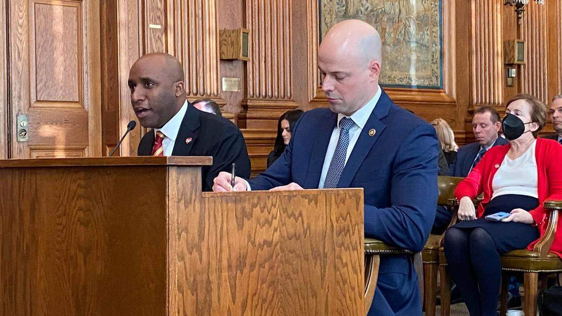 Kansas City Mayor Quinton Lucas, left, and Sen. Tony Luetkemeyer, a Parkville Republican, during a hearing Tuesday, Jan. 11, 2022 over funding requirements for Kansas City police.