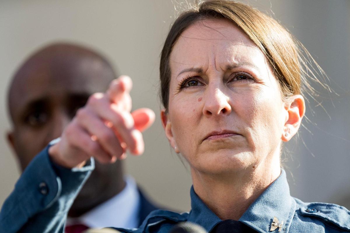 Kansas City Police Chief Stacey Graves calls on a reporter during a press conference about the Chiefs Super Bowl parade shooting on Thursday, Feb. 15, 2024, in Kansas City.