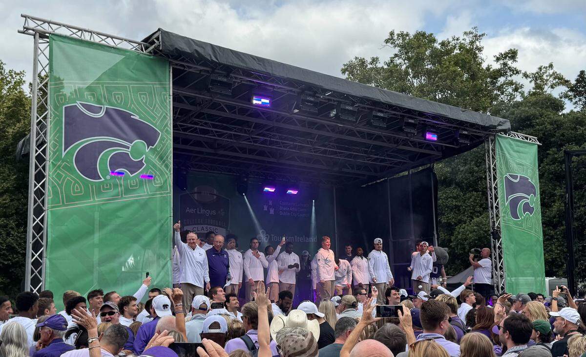 A look at the K-State football pep rally held in Dublin, Ireland, ahead of the Wildcats’ season opener against Iowa State. The rally took place Friday, Aug. 22, 2025, with the game kicking off a day later.