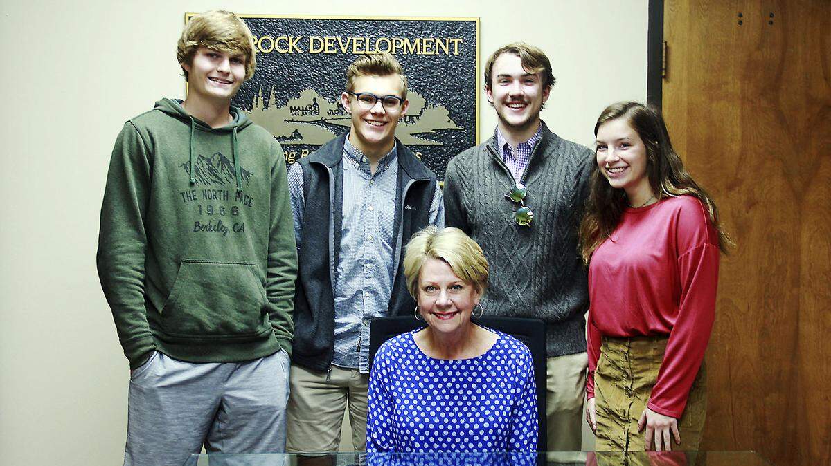 One of the many ways Rodrock Development nurtures a sense of community is through its annual Rodrock Vision Scholarship. This year, some $4,000 was awarded to deserving students. Among the winners was (standing, from left to right) Hunter Harris, Ryan Henn, Liam Shearon, and Grace Lovettwith, alongside Brenda Sanders, President of Rodrock & Associates, Realtors®.