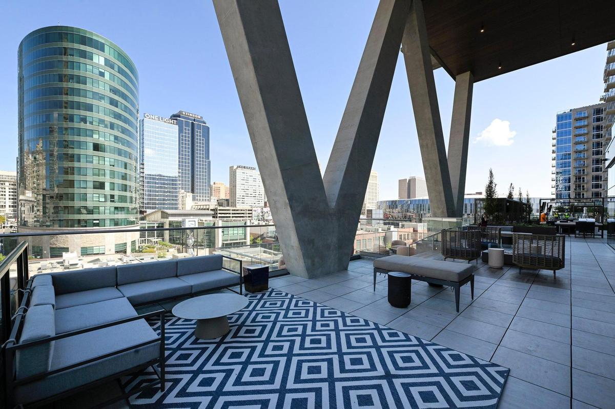 The outdoor area overlooking the Power & Light District from the new Three Light Luxury Apartments.