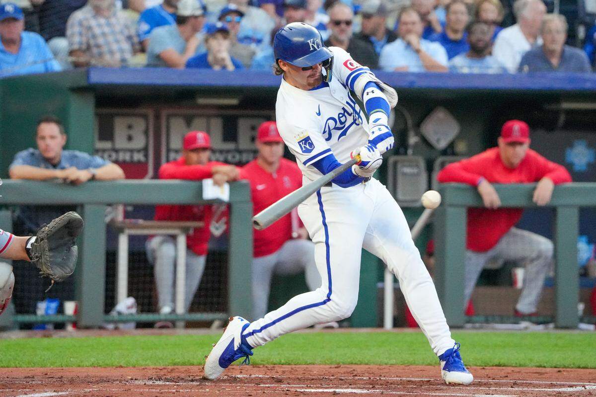 Kansas City Royals shortstop Bobby Witt Jr. hits a single against the Los Angeles Angels during Monday night’s game at Kauffman Stadium.