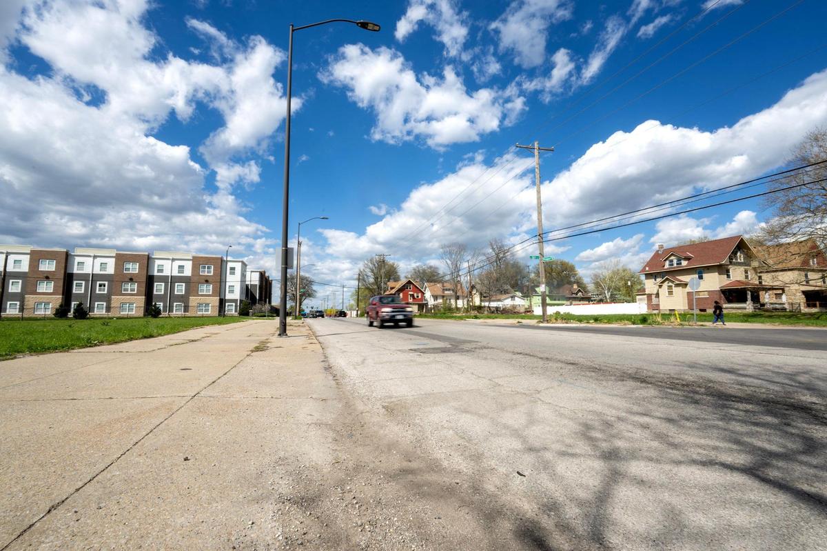 Vehicles are seen along Prospect Avenue on Thursday, April 10, 2025, in Kansas City. The area is in part of the city’s plans to add density and development along the Prospect MAX bus line.