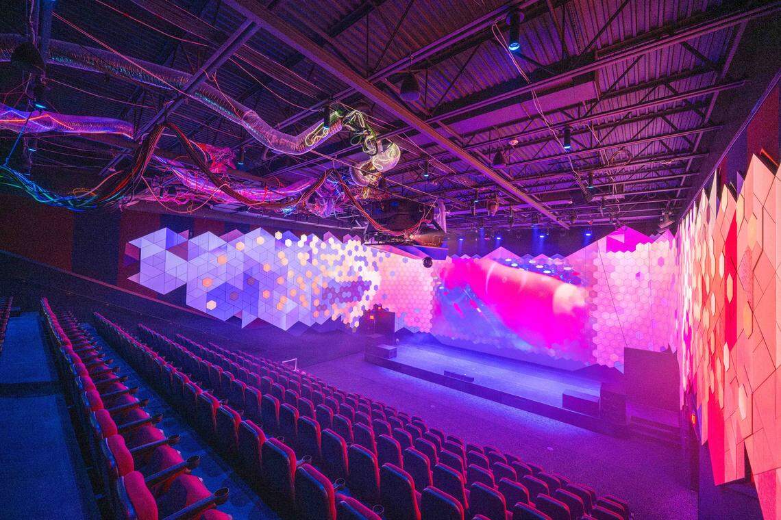 The main theater area inside Atlas 9, on Wednesday, Sep. 3, 2025, in Kansas City, Kansas. Designed by Kansas City-based industrial design company, Dimensional Innovations, Atlas 9 is a narrative-driven immersive art experience featuring interactive games, videos, and AI-powered experiences.