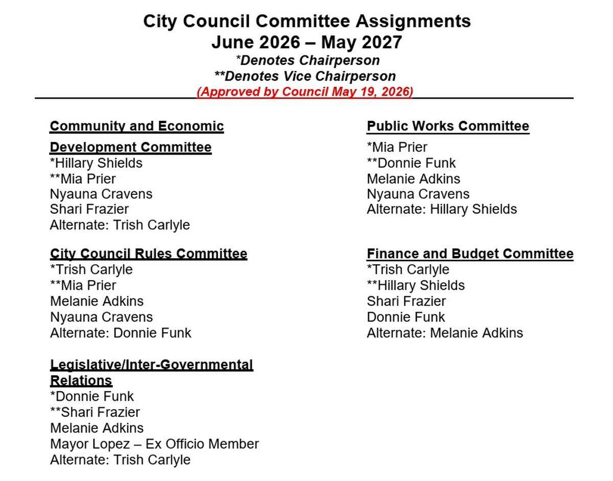 Lee’s Summit City Council committee assignments for the coming year, as approved by council members on Tuesday night.