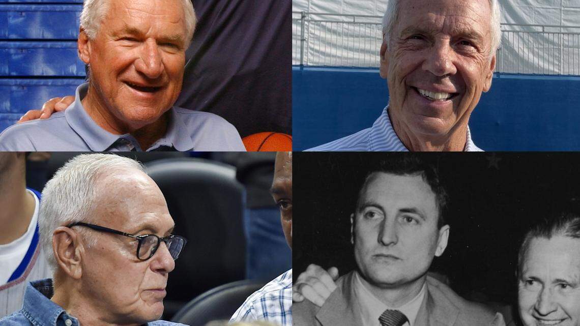 Blueblood basketball brethren KU and North Carolina share so many legendary connections in men’s hoops, including, clockwise starting at the top left, Dean Smith, Roy Williams, Dick Harp and Larry Brown.