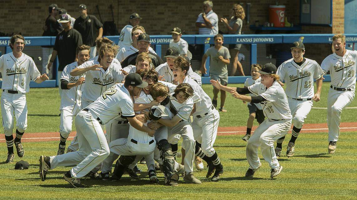 The Blue Valley high school baseball team celebrates the 2018 Kansas Class 6A state championship. Kansas coaches are pushing to expand the regular season to benefit teams like Blue Valley and other KC-area schools.