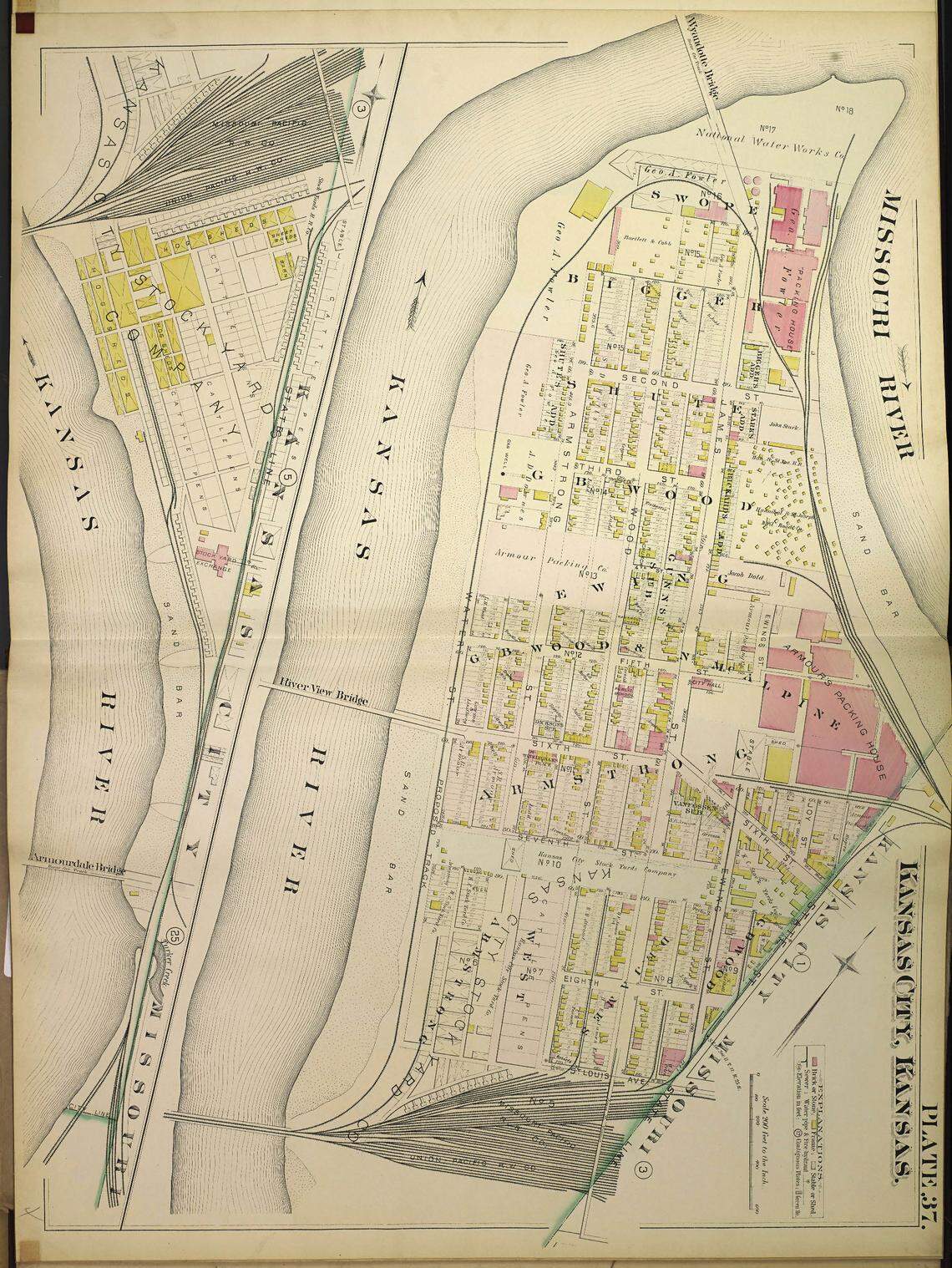 Kansas City street atlas page showing the rapid development of Old Kansas City, Kansas, due to the exploding livestock industry, 1887 (the left portion shows the southern extent of the area)