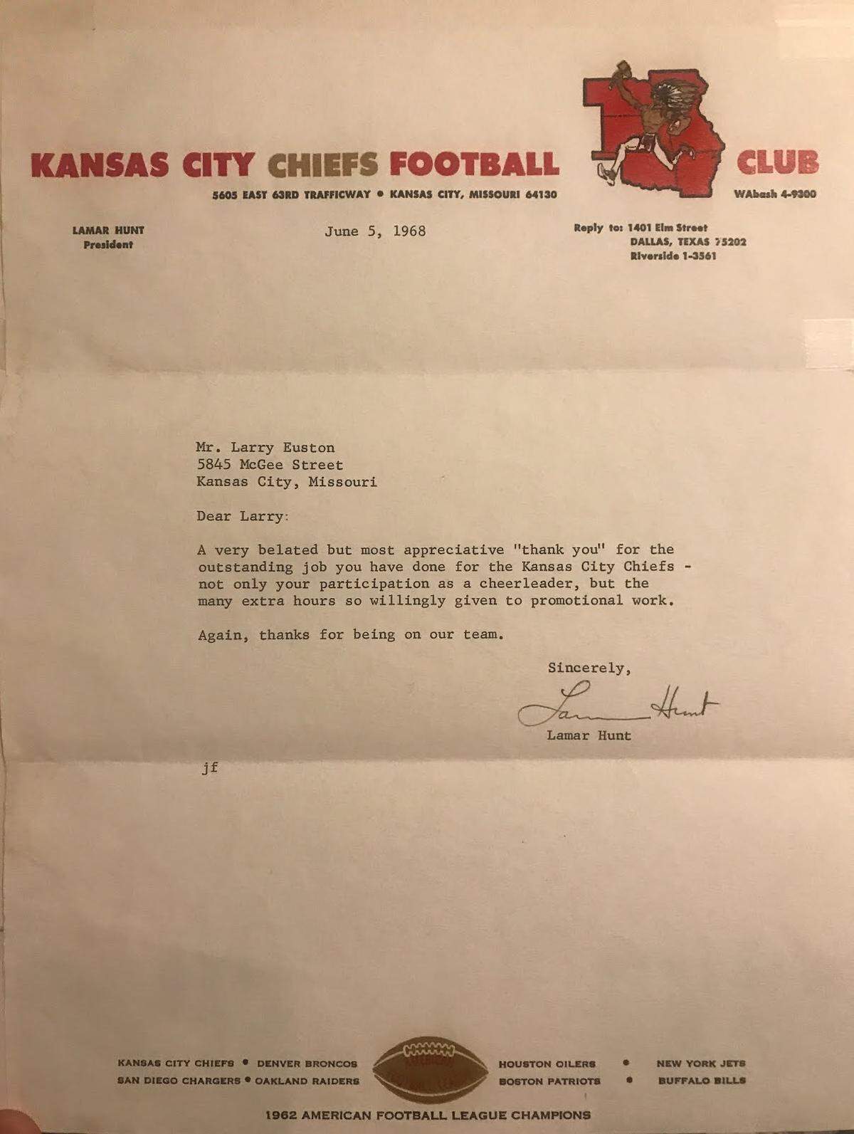 A 1968 letter to cheerleader Larry Euston from Chiefs founder Lamar Hunt, thanking Euston for “being on our team.”