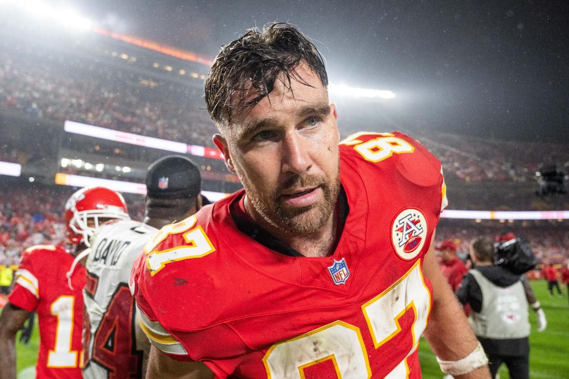 Kansas City Chiefs tight end Travis Kelce after the Chiefs game vs. the Tampa Bay Buccaneers on Monday, Nov. 4, 2024, at GEHA Field at Arrowhead Stadium.