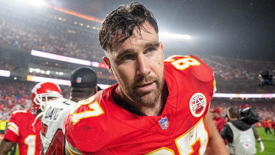 Kansas City Chiefs tight end Travis Kelce after the Chiefs game vs. the Tampa Bay Buccaneers on Monday, Nov. 4, 2024, at GEHA Field at Arrowhead Stadium.