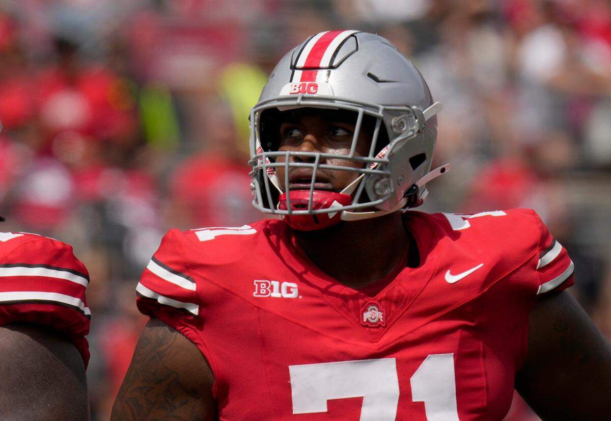 Ohio State Buckeyes offensive lineman Josh Simmons parlayed a successful college football career into a first-round selection in the NFL Draft, by the Kansas City Chiefs, on Thursday, April 24, 2025.
