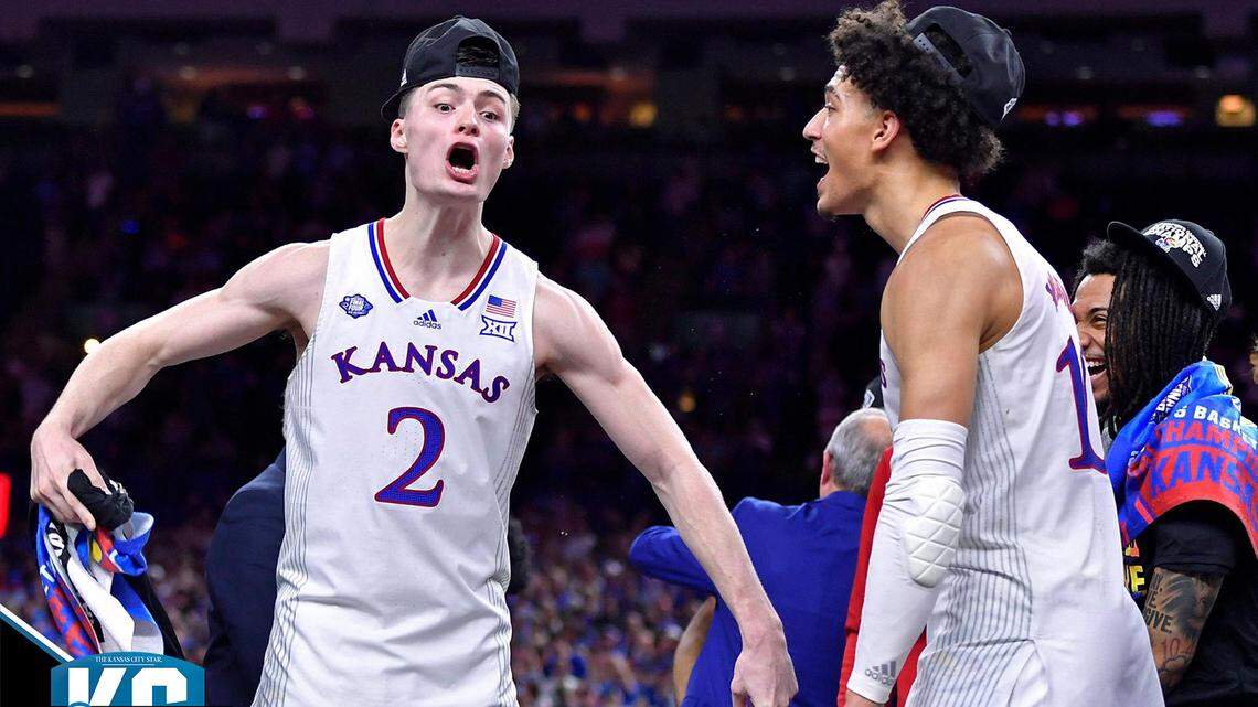 KU’s Christian Braun, left, and Jalen Wilson celebrate the Jayhawks NCAA title Monday night at the Superdome.