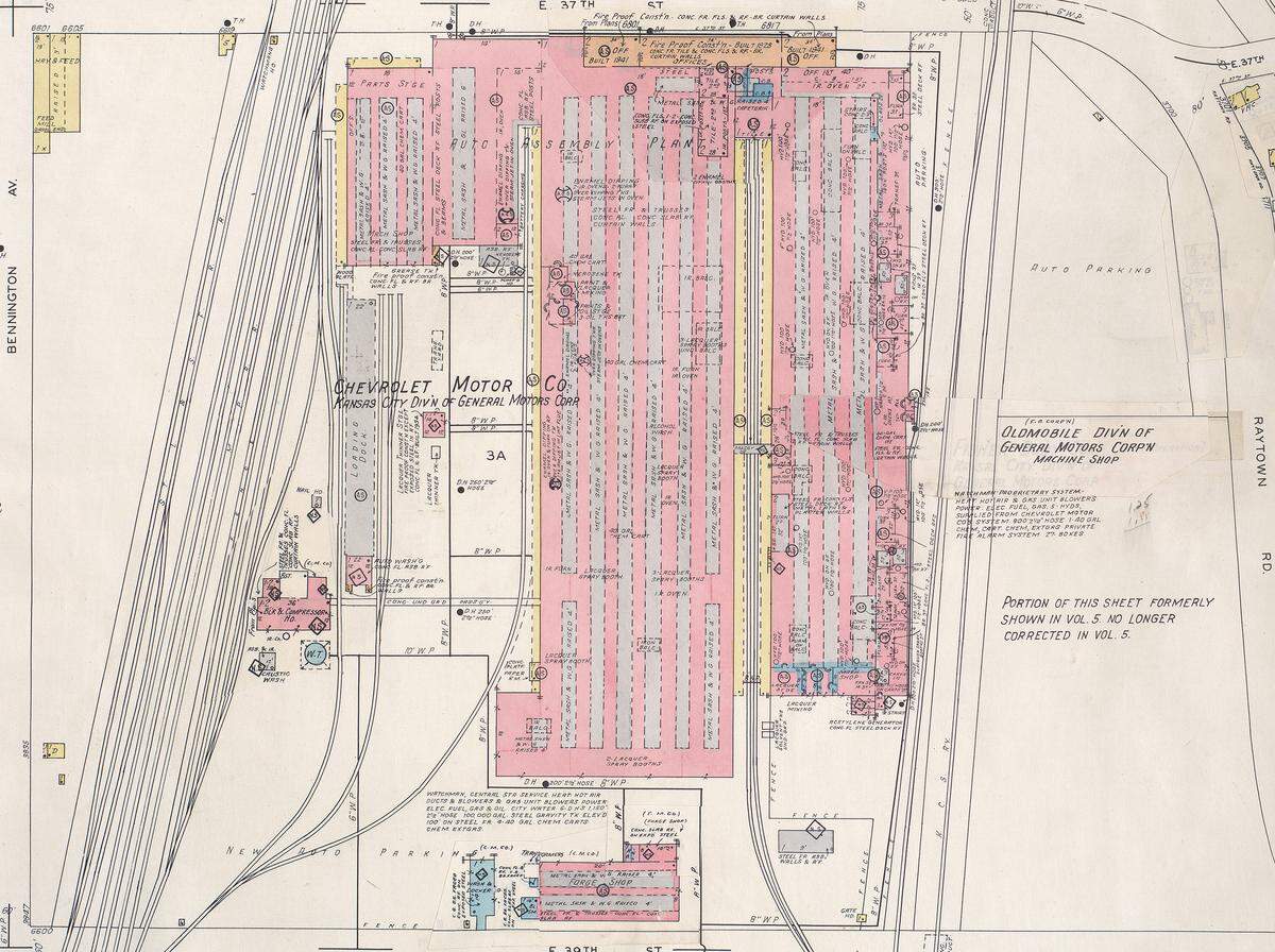 1945 Sanborn Fire Insurance Map showing the Chevrolet Motor Company assembly plant on East 37th Street, between Bennington Avenue and Raytown Road (currently the site of the Leeds Industrial Park). The plant closed in 1988.