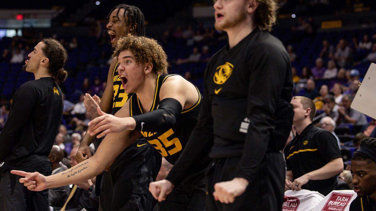 The Missouri Tigers bench reacts to a play against the LSU Tigers during the second half at Pete Maravich Assembly Center on March 1, 2023.