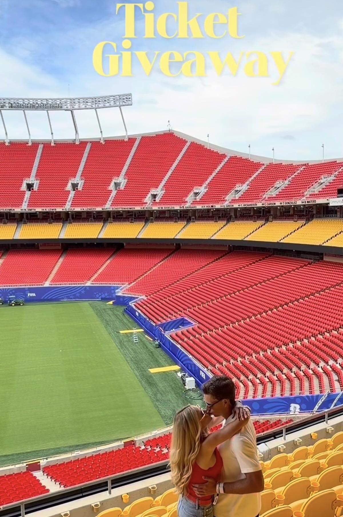 Gracie Hunt and Derek Green filming the ticket giveaway at Arrowhead.