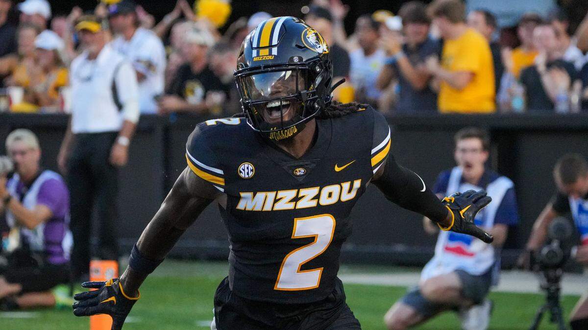 Missouri Tigers cornerback Toriano Pride Jr. (2) celebrates after scoring against the Murray State Racers on a pick six during the first half at Faurot Field at Memorial Stadium on Aug. 29, 2024.