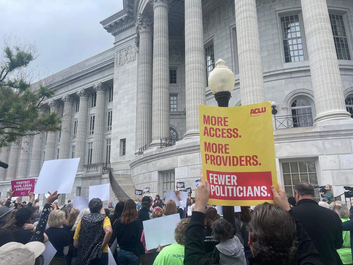 Abortion rights supporters rally at the Missouri Capitol after turning in more than 380,000 signatures to overturn the state’s near-total ban on the procedure on May 3, 2024.
