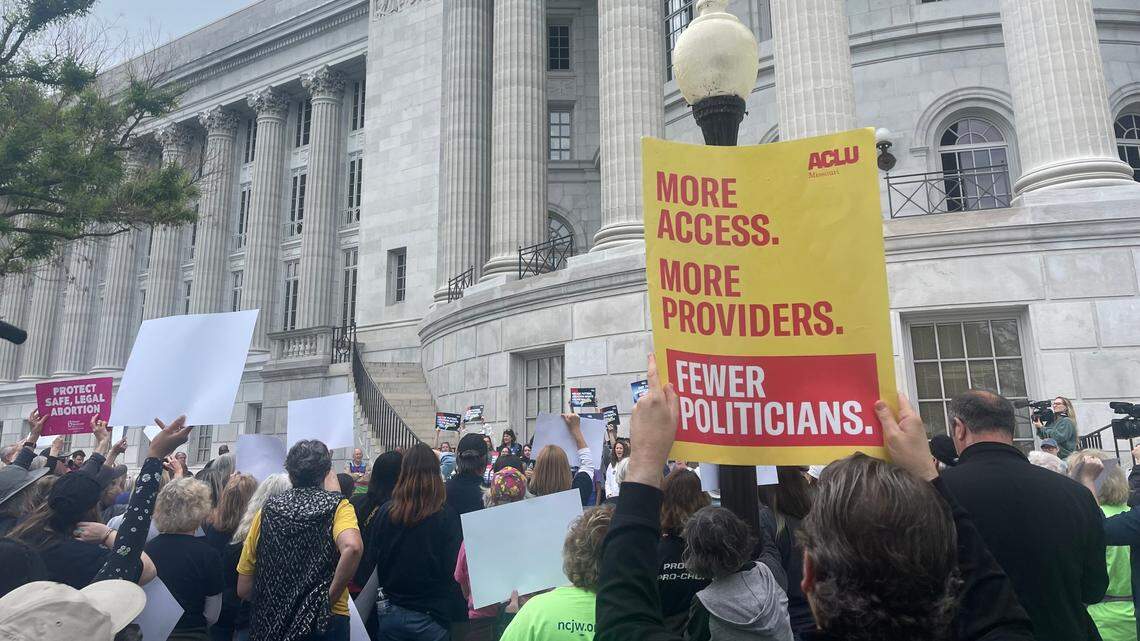 Abortion rights supporters rally at the Missouri Capitol after turning in more than 380,000 signatures to overturn the state’s near-total ban on the procedure on May 3, 2024.