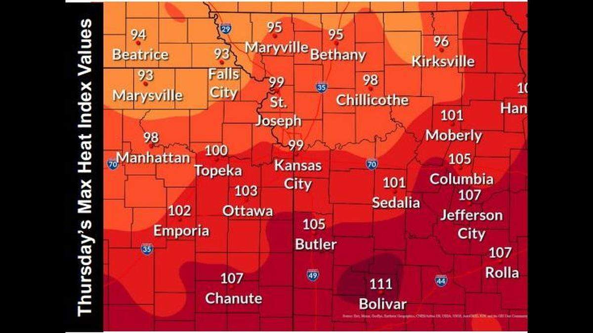 Kansas City and areas to the south will have to endure one more day of scorching temperatures as the heat index is expected to reach a sweltering 105 degrees, according to the National Weather Service.