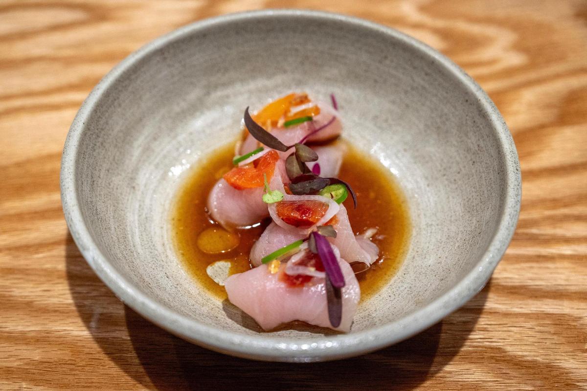 The Hamachi crudo at Kata Nori: yellowtail cured and cold smoked with Japanese apple wood, topped with blood orange, fresh serrano and pickled shallots.