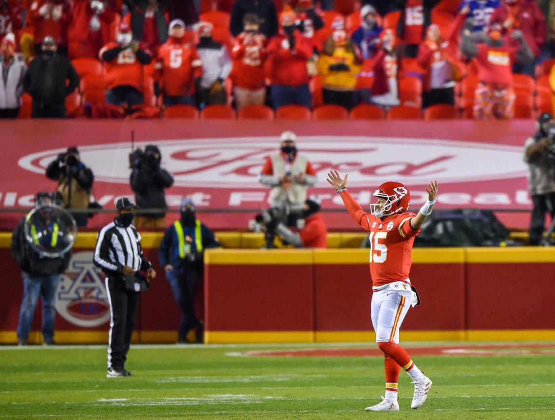 Chiefs quarterback Patrick Mahomes celebrates after the Chiefs won the AFC Championship Game, 38-24, against the Buffalo Bills on Sunday, Jan. 24, 2021, at Arrowhead Stadium in Kansas City.