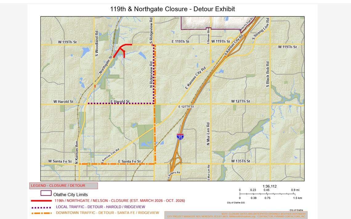 Detour information for drivers as the 119th Street Extension Project causes a closure at the intersection of Northgate Street and Nelson Road.
