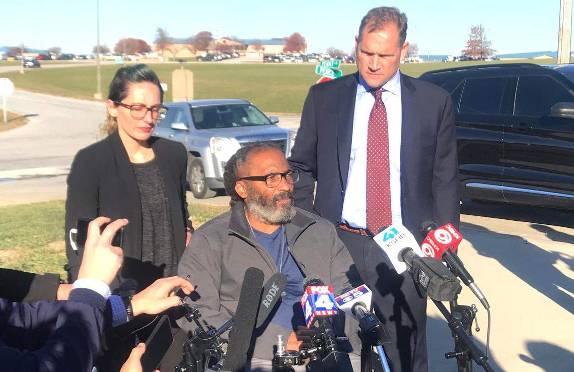 Kevin Strickland, center, speaks to members of the media Tuesday moments after he was released from 43 years of incarceration after he was exonerated of murder charges for a 1978 triple murder in Kansas City. Strickland’s attorneys Tricia Rojo Bushnell, left, and Robert Hoffman were with him outside of Western Missouri Corrections Center in Cameron, Missouri.