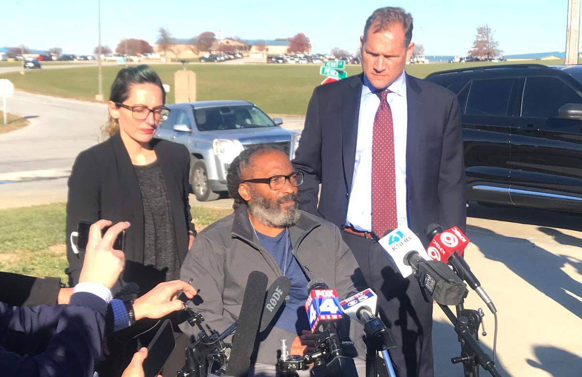 Kevin Strickland, center, speaks to members of the media Tuesday moments after he was released from 43 years of incarceration after he was exonerated of murder charges for a 1978 triple murder in Kansas City. Strickland’s attorneys Tricia Rojo Bushnell, left, and Robert Hoffman were with him outside of Western Missouri Corrections Center in Cameron, Missouri.