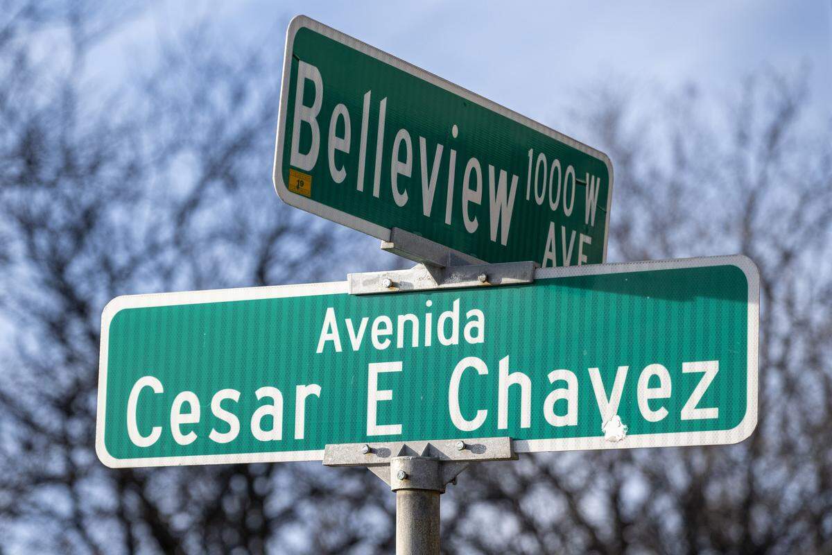 An Avenida Cesar E. Chavez street sign is pictured on Thursday, March 19, 2026, in Kansas City.