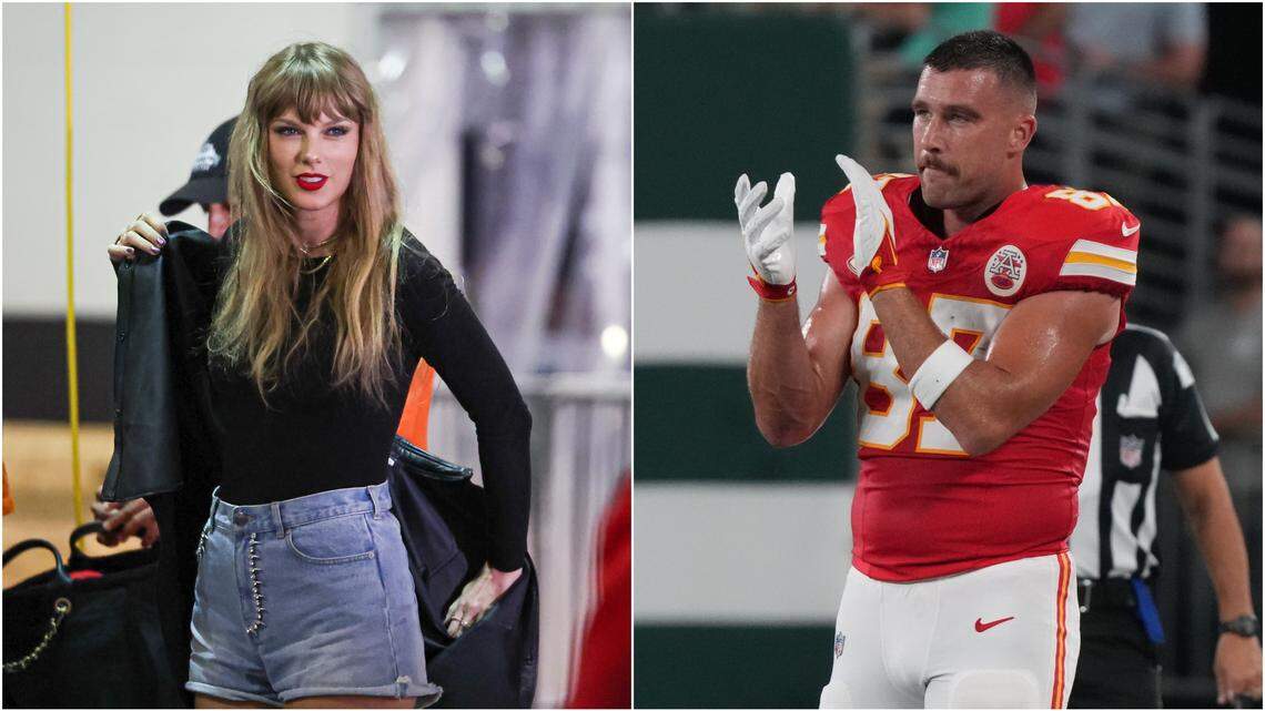 Megastar Taylor Swift and Chiefs tight end Travis Kelce are photographed before and during the Chiefs’ ”Sunday Night Football” game vs. the New York Jets.