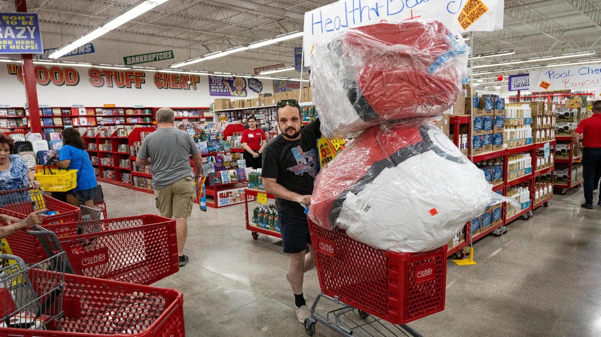 Brett Beyer of Shawnee pushed his cart filled with Pokemon bean bag chairs. He said they’re normally priced at $300 but were $50 at Ollie’s.