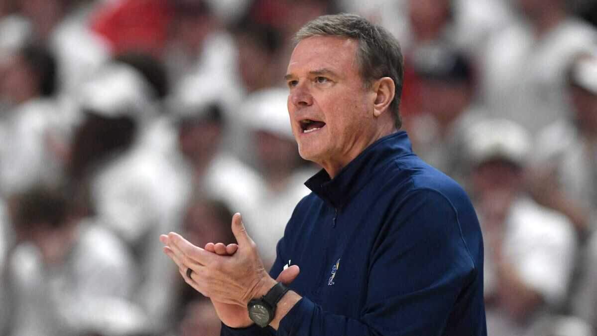 Kansas Jayhawks men’s basketball coach Bill Self claps during a Big 12 game against Texas Tech at United Supermarkets Arena in Lubbock, Texas.