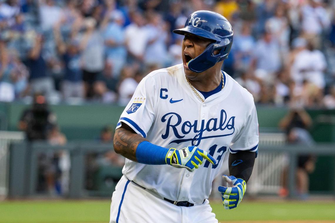 Royals first baseman Salvador Perez homered twice against the Pittsburgh Pirates during a Wednesday, July 9, 2025 Major League Baseball game at Kauffman Stadium in Kansas City.