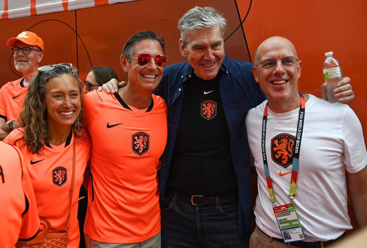 Kansas City Current owners, Angie and Chris Long, pose for a photo at the pre-party for the Netherlands Orange Walk from Kansas City's Power & Light District to FIFA Fan Fest on June 25, 2026.