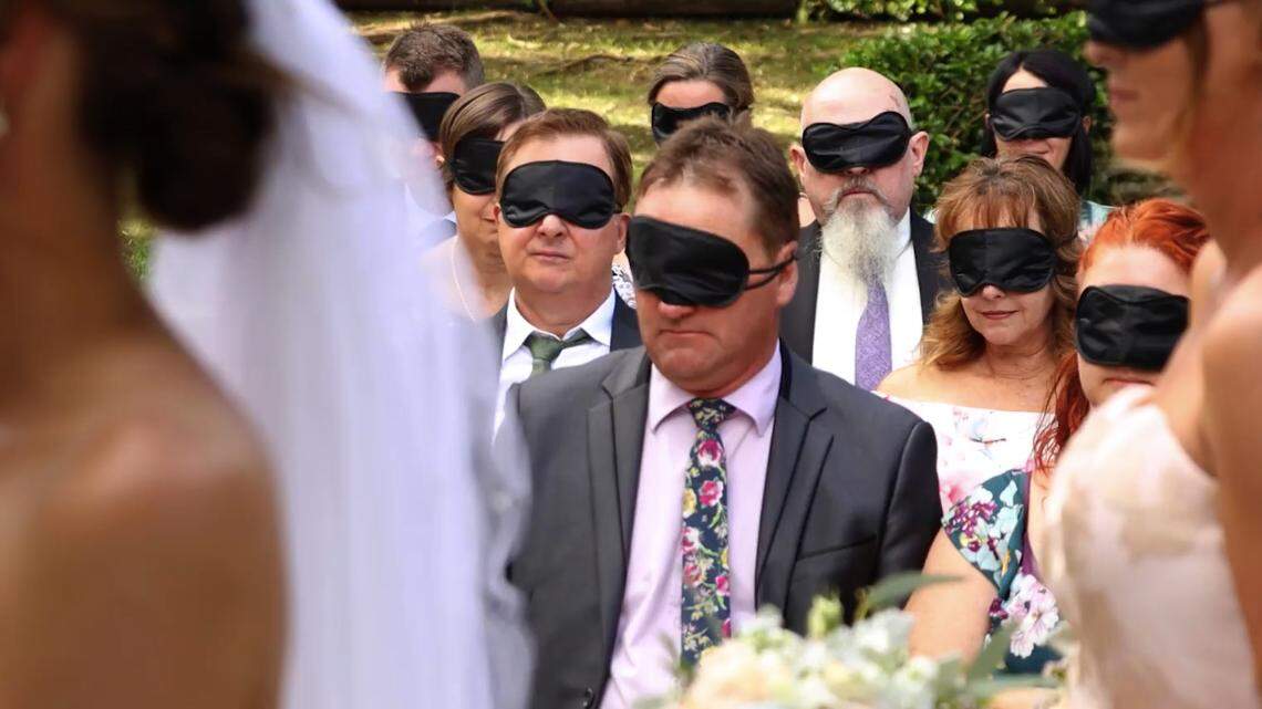 Guests at an Australian bride’s wedding were asked to wear masks over their eyes so they could experience the ceremony the way she did. The bride, Stephanie Agnew, is blind.