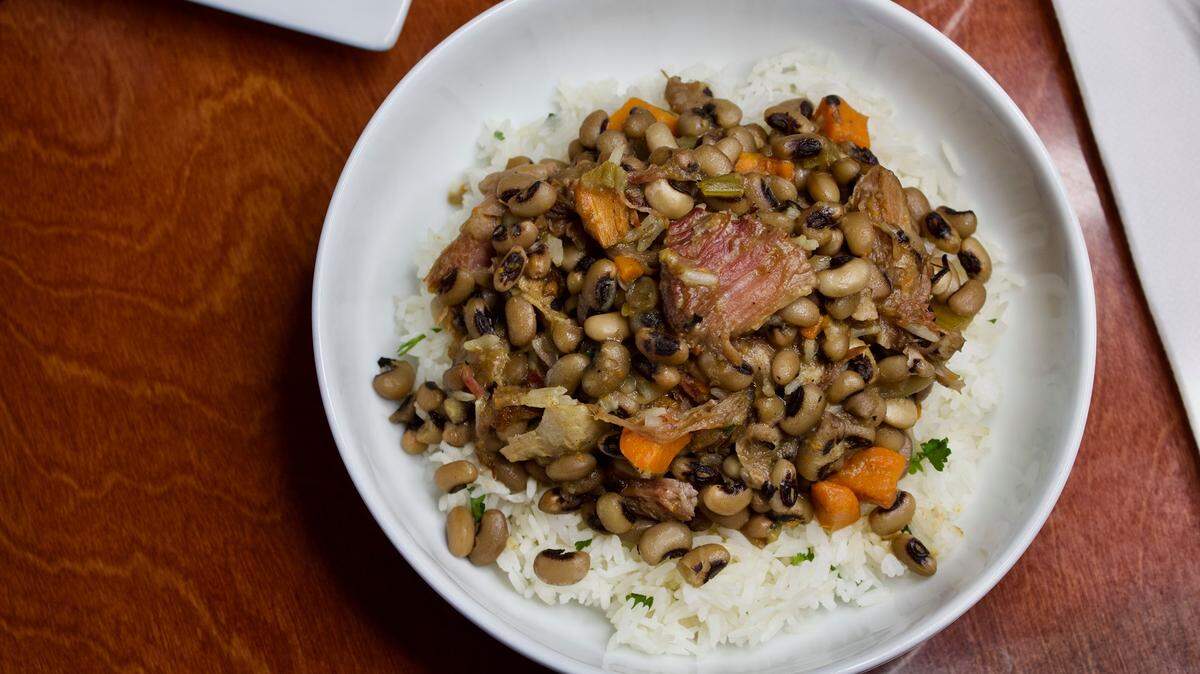 Black-eyed pea stew with smoky pork shank over rice at Urban Cafe.