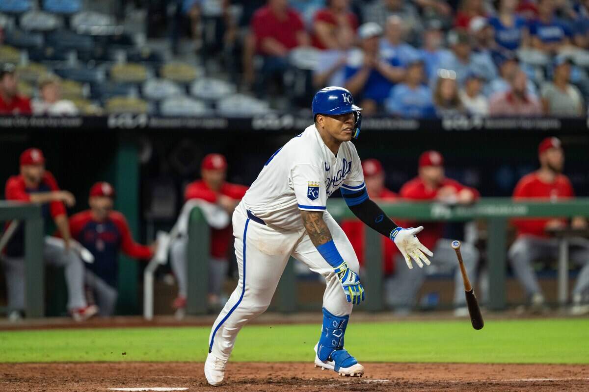 Royals catcher Salvador Perez singles during KC’s 14-6 win against the St. Louis Cardinals at Kauffman Stadium in Kansas City on Thursday, June 18, 2026.