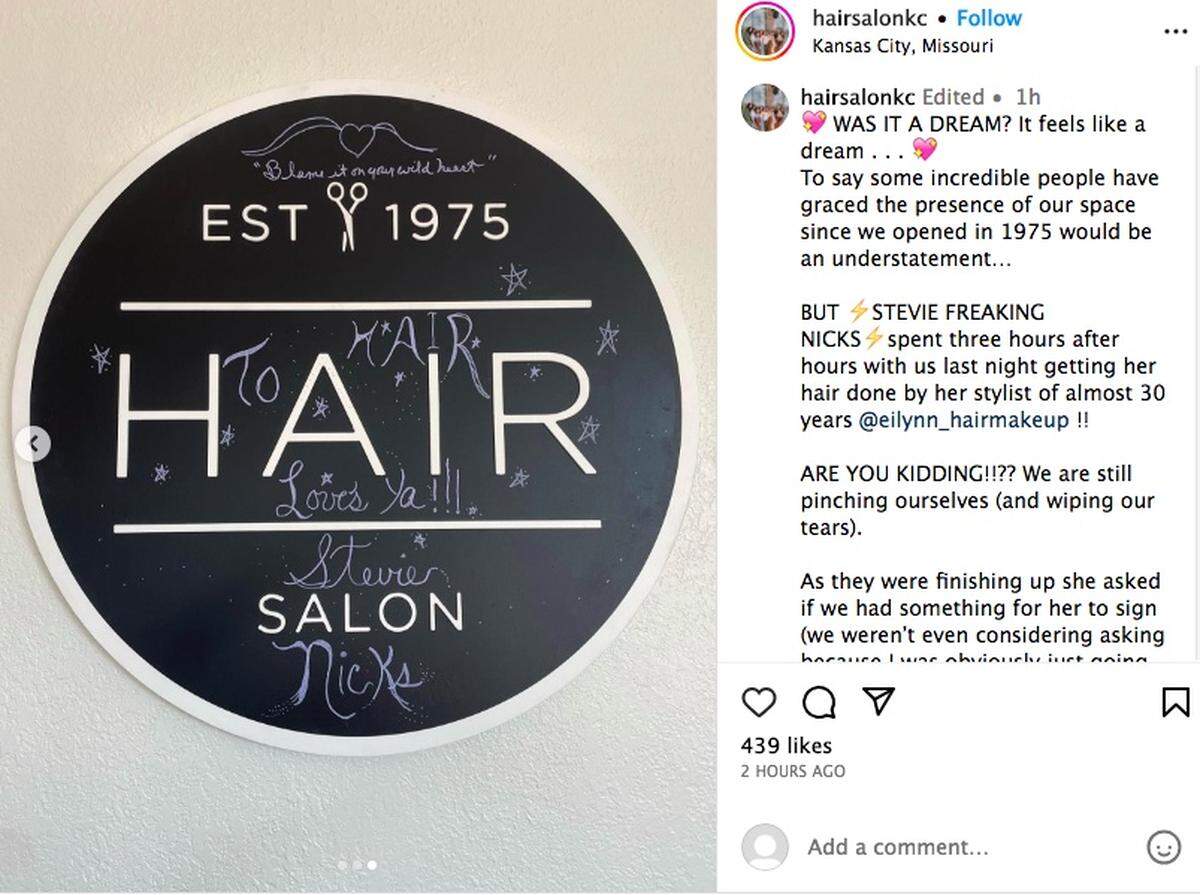 Hair in Westport has a permanent reminder of Stevie Nicks’ visit: She autographed the salon’s sign.