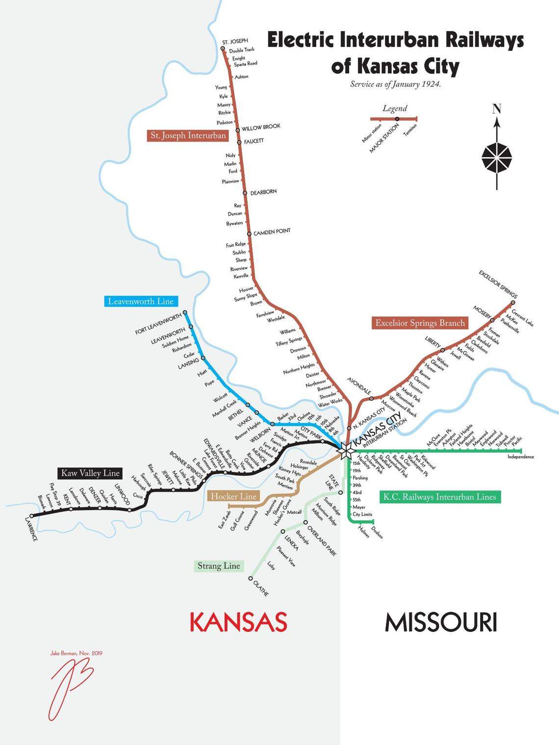 This map of Kansas City’s interurban system in 1924 is one of many works of graphic art by Jake Berman, a commercial contract lawyer from New York. It includes Kansas City Railways’ routes to Independence and Dodson, which some considered streetcar lines.